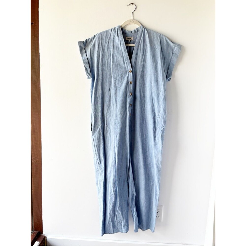 Heinui Aiko Blue Cotton Button Front Wide Leg Jumpsuit Short Sleeve Romper L